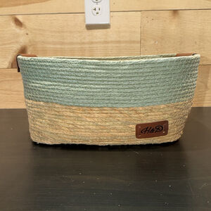 Harry & David Woven Rope Storage Basket Mint Blue Natural w Leather Handles 14”